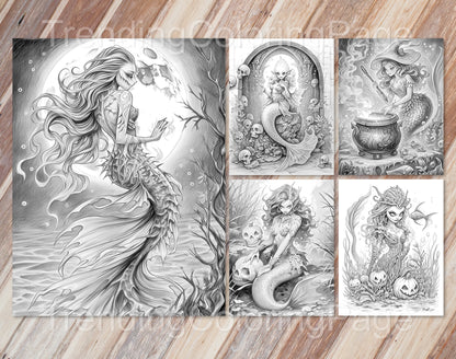 50 Halloween Mermaid Grayscale Coloring Pages - Instant Download - Printable PDF Dark/Light – preview 7