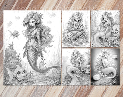 50 Halloween Mermaid Grayscale Coloring Pages - Instant Download - Printable PDF Dark/Light – preview 8