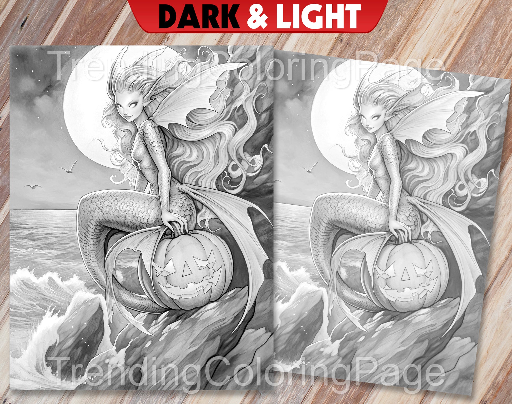50 Halloween Mermaid Grayscale Coloring Pages - Instant Download - Printable PDF Dark/Light – preview 9