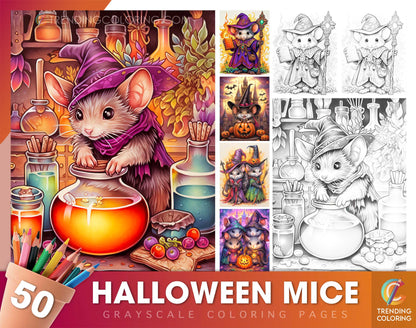 50 Halloween Mice Grayscale Coloring Pages - Instant Download - Printable PDF Dark/Light