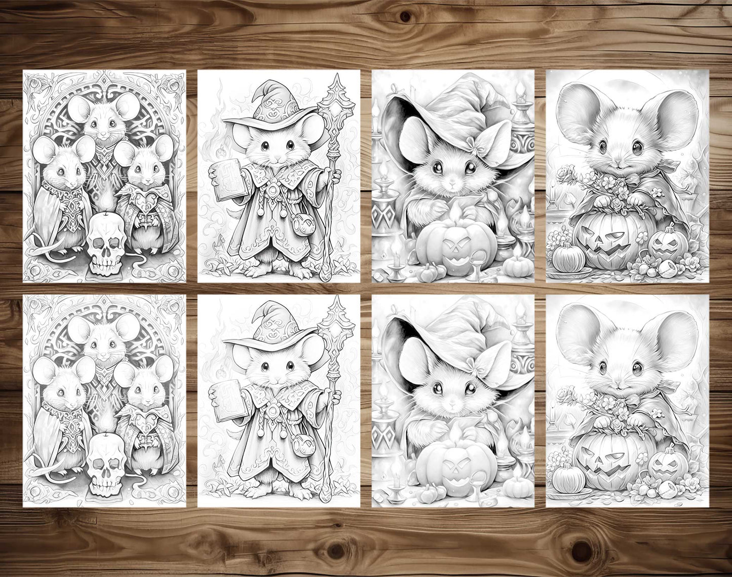50 Halloween Mice Grayscale Coloring Pages - Instant Download - Printable PDF Dark/Light – preview 3