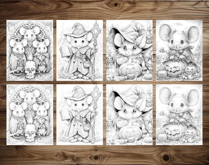 50 Halloween Mice Grayscale Coloring Pages - Instant Download - Printable PDF Dark/Light – preview 3