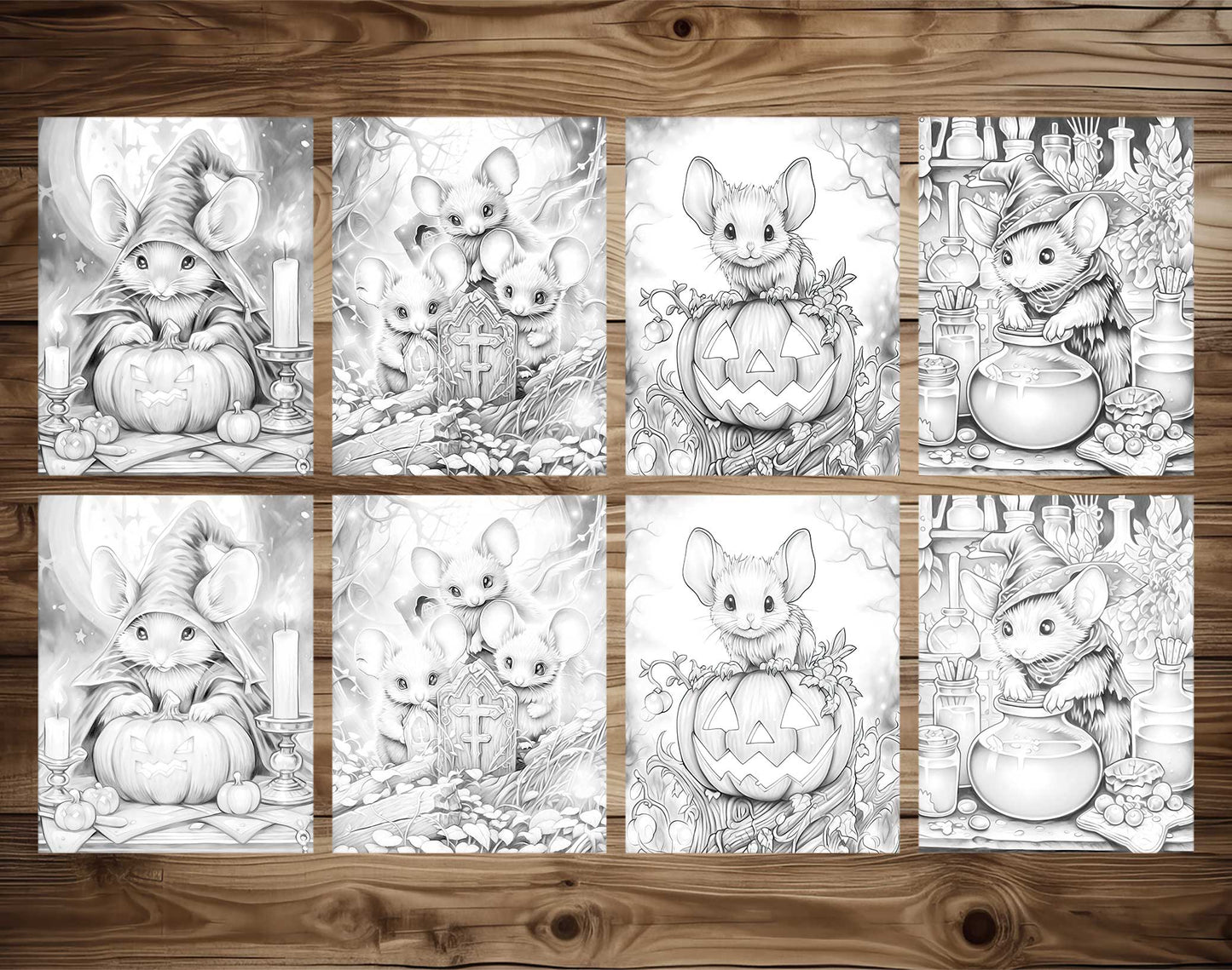 50 Halloween Mice Grayscale Coloring Pages - Instant Download - Printable PDF Dark/Light – preview 4