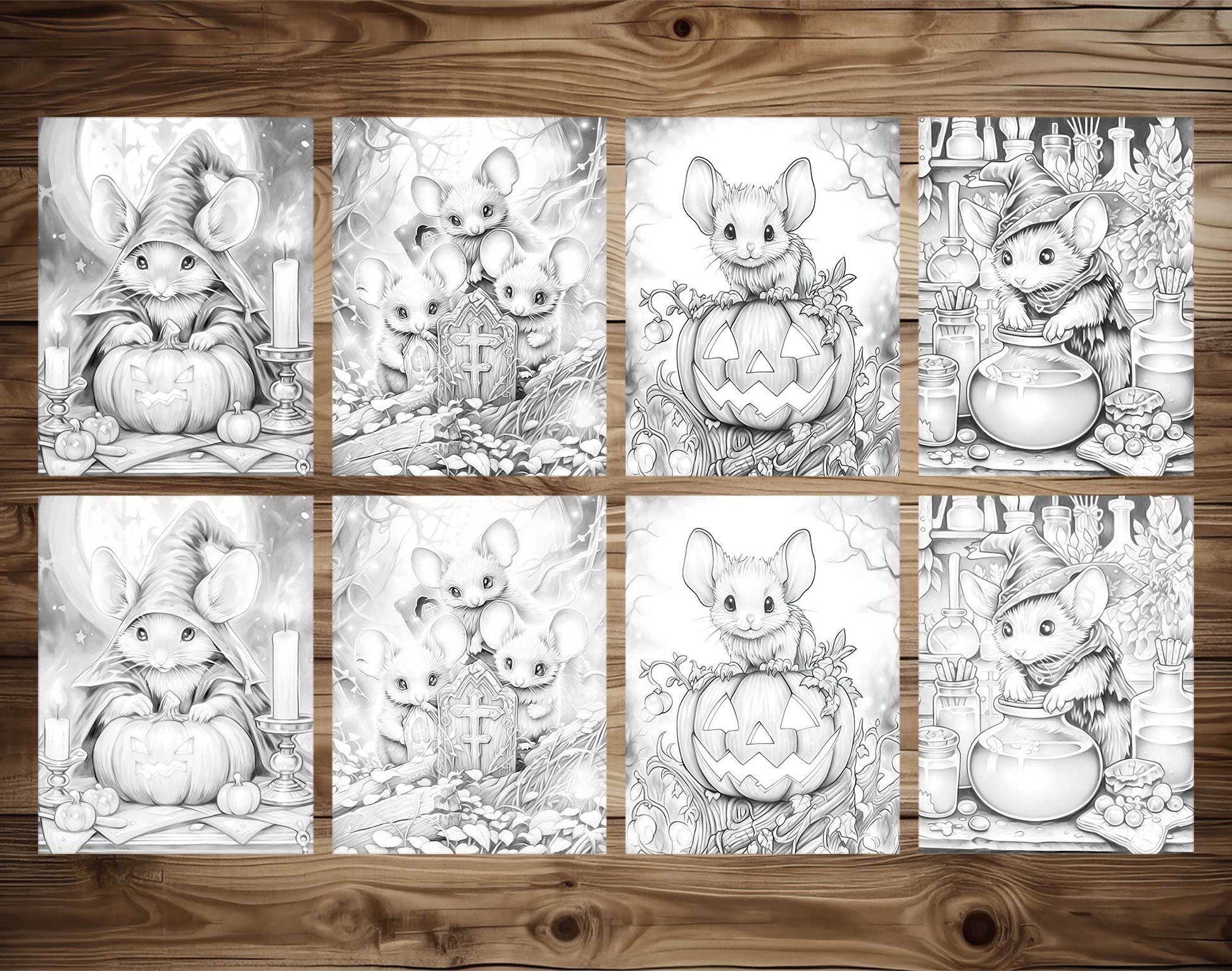 50 Halloween Mice Grayscale Coloring Pages - Instant Download - Printable PDF Dark/Light – preview 4