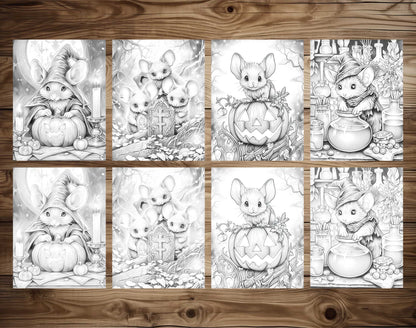 50 Halloween Mice Grayscale Coloring Pages - Instant Download - Printable PDF Dark/Light – preview 4
