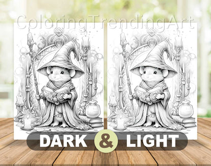 50 Halloween Mice Grayscale Coloring Pages - Instant Download - Printable PDF Dark/Light – preview 7