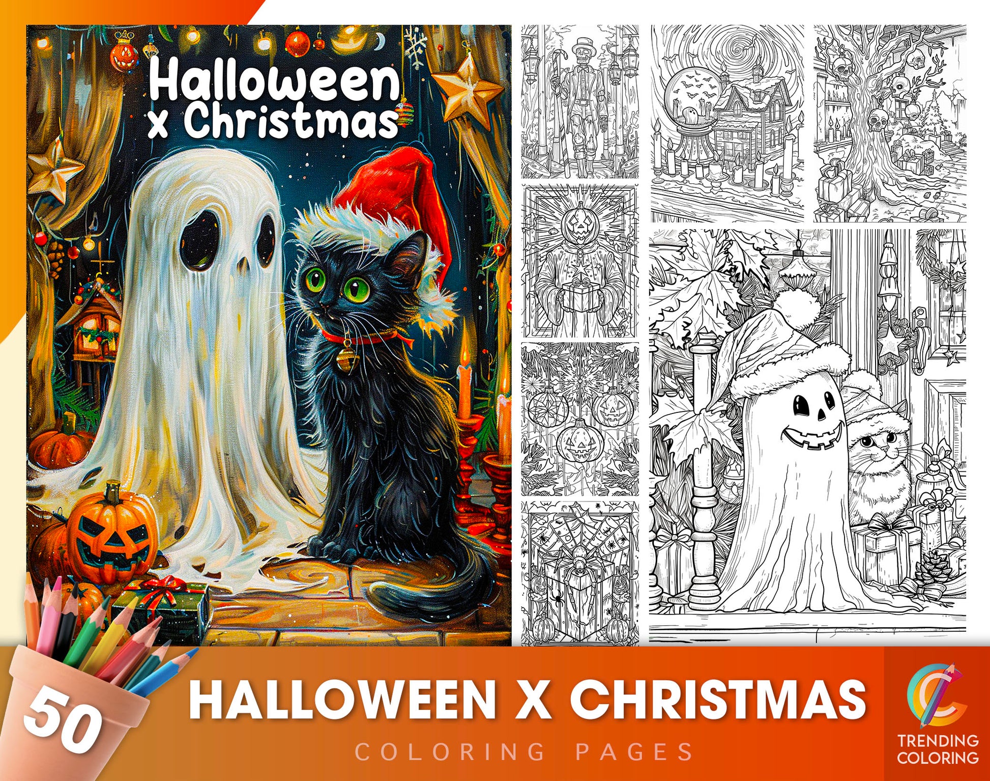 50 Halloween X Christmas Coloring Pages - Instant Download - Printable PDF