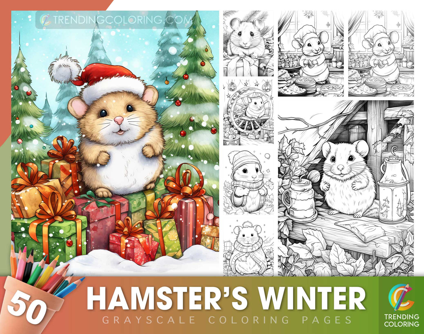50 Hamster's Winter Grayscale Coloring Pages - Instant Download - Printable PDF Dark/Light