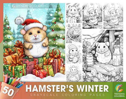 50 Hamster's Winter Grayscale Coloring Pages - Instant Download - Printable PDF Dark/Light