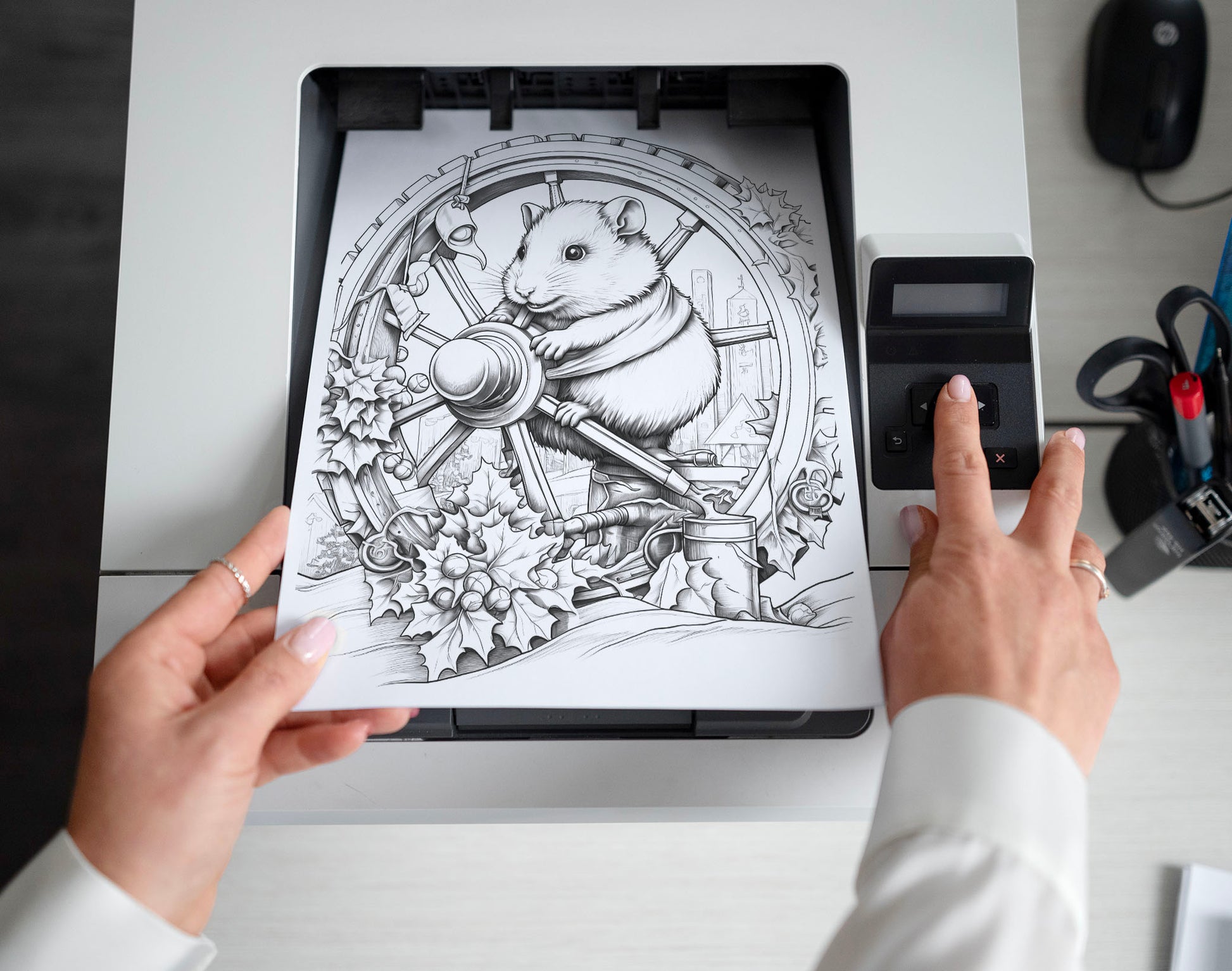 50 Hamster's Winter Grayscale Coloring Pages - Instant Download - Printable PDF Dark/Light – preview 2