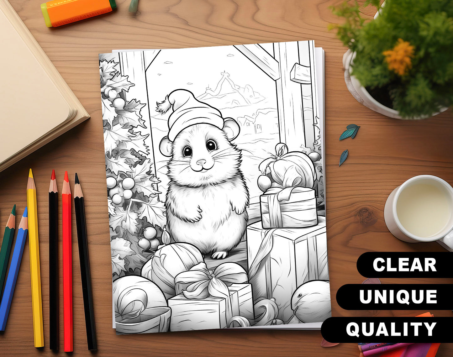 50 Hamster's Winter Grayscale Coloring Pages - Instant Download - Printable PDF Dark/Light – preview 3