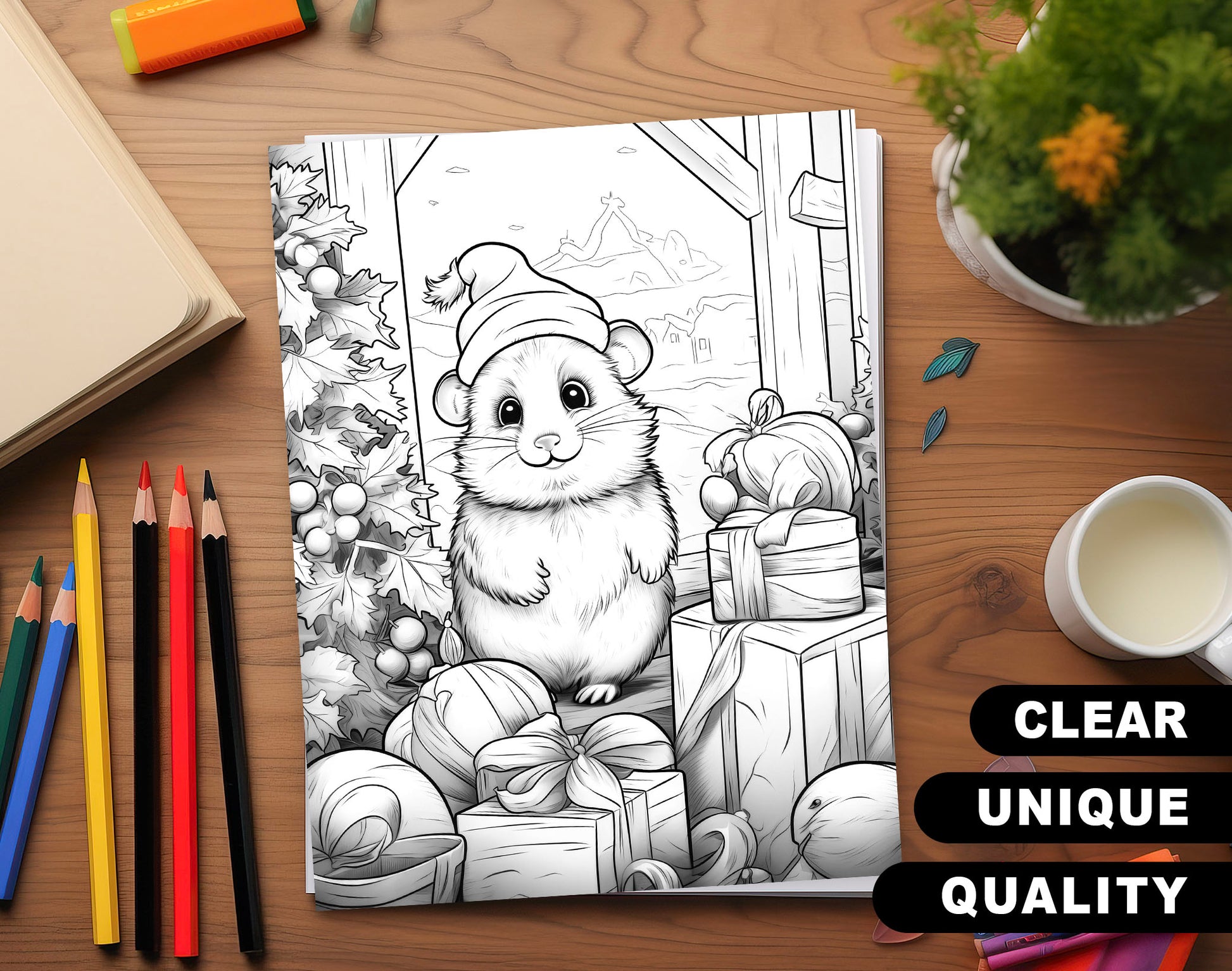 50 Hamster's Winter Grayscale Coloring Pages - Instant Download - Printable PDF Dark/Light – preview 3