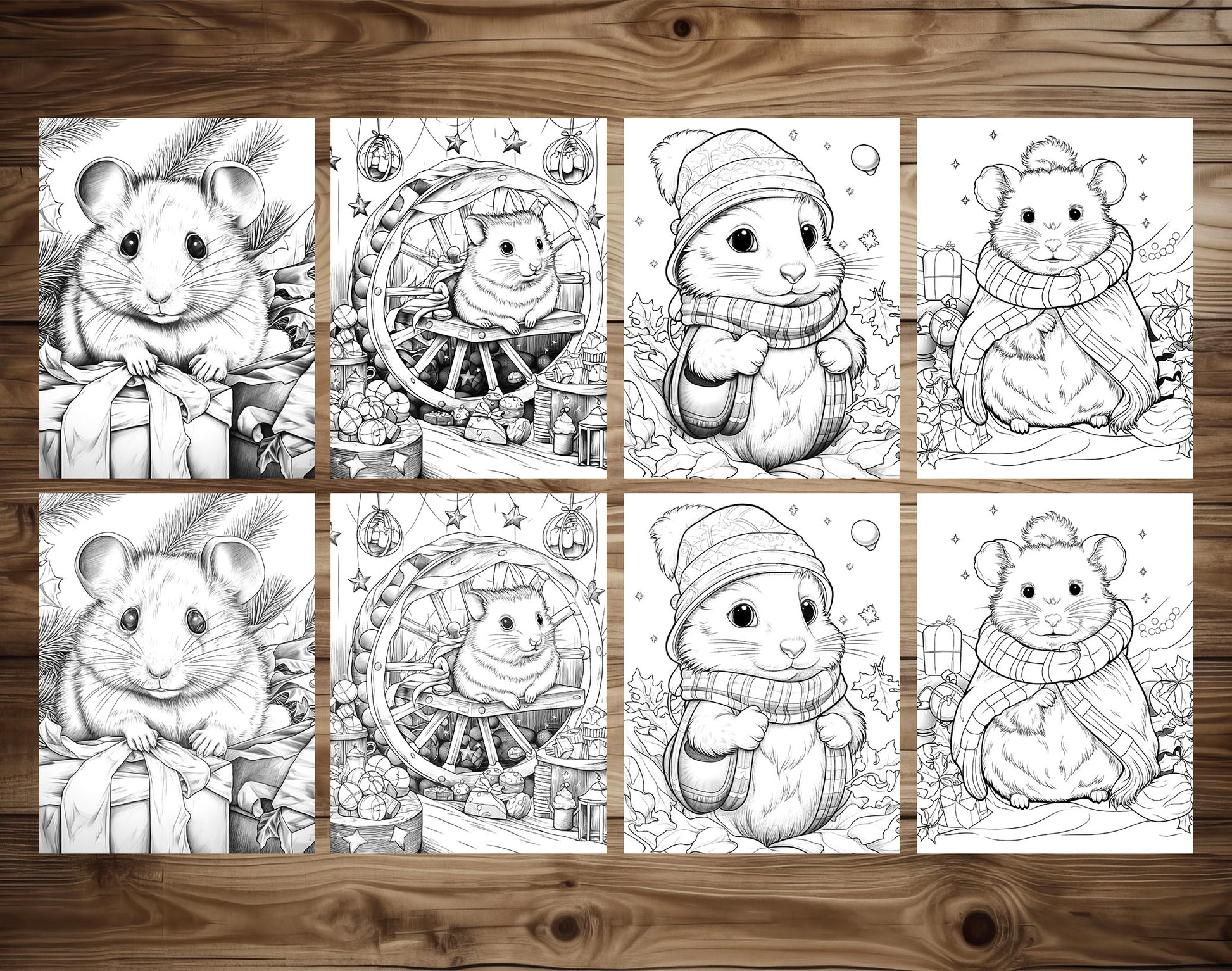 50 Hamster's Winter Grayscale Coloring Pages - Instant Download - Printable PDF Dark/Light – preview 5