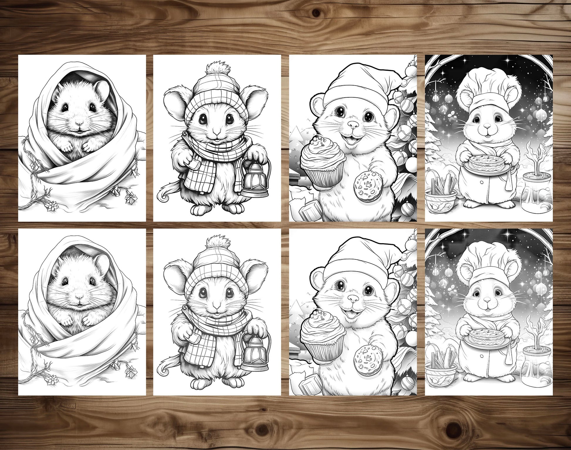 50 Hamster's Winter Grayscale Coloring Pages - Instant Download - Printable PDF Dark/Light – preview 6