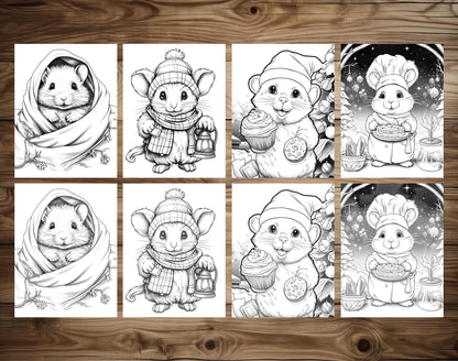 50 Hamster's Winter Grayscale Coloring Pages - Instant Download - Printable PDF Dark/Light – preview 6