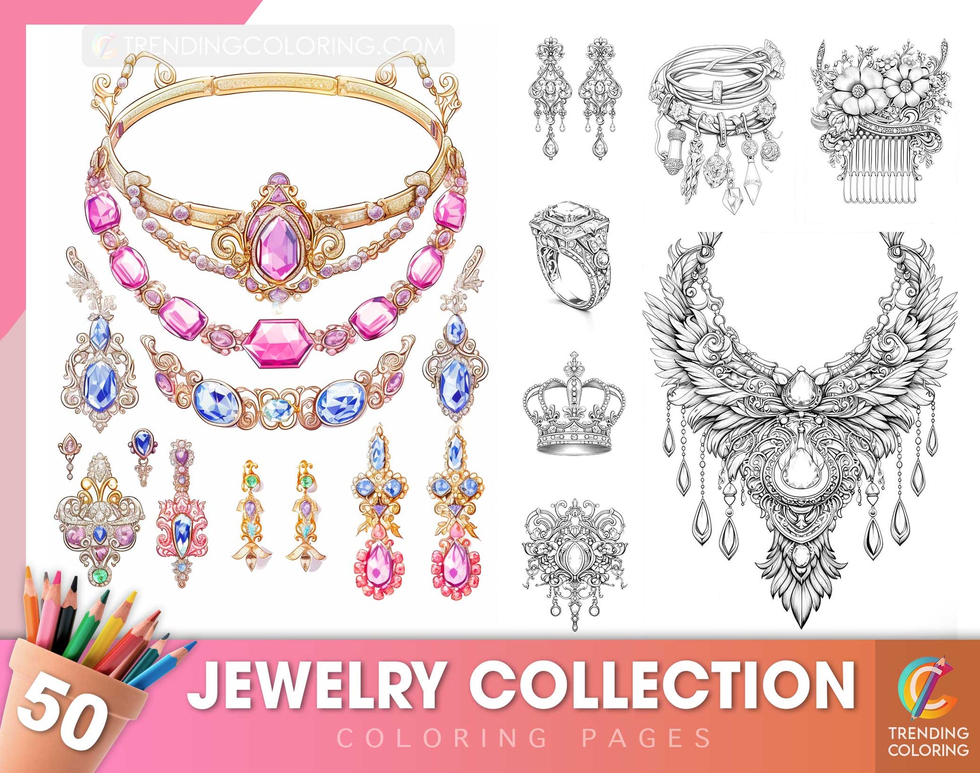 50 Jewelry Collection Coloring Pages - Instant Download - Printable PDF