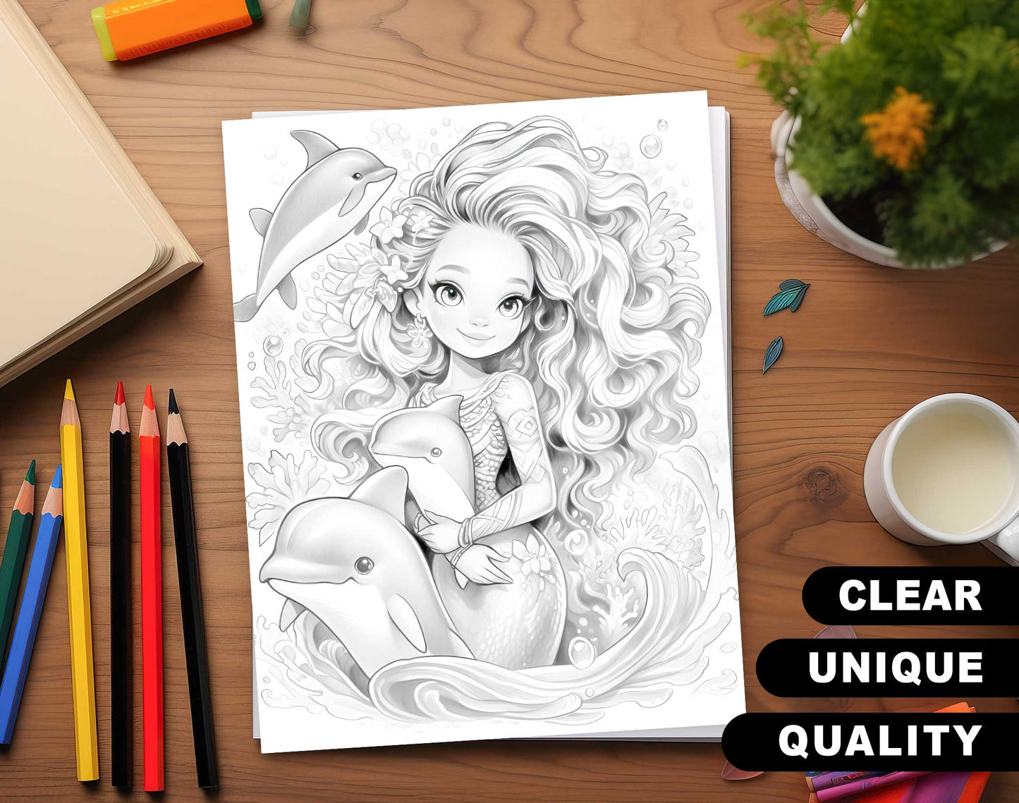 50 Kawaii Black Mermaid Grayscale Coloring Pages - Instant Download - Printable PDF Dark/Light – preview 3