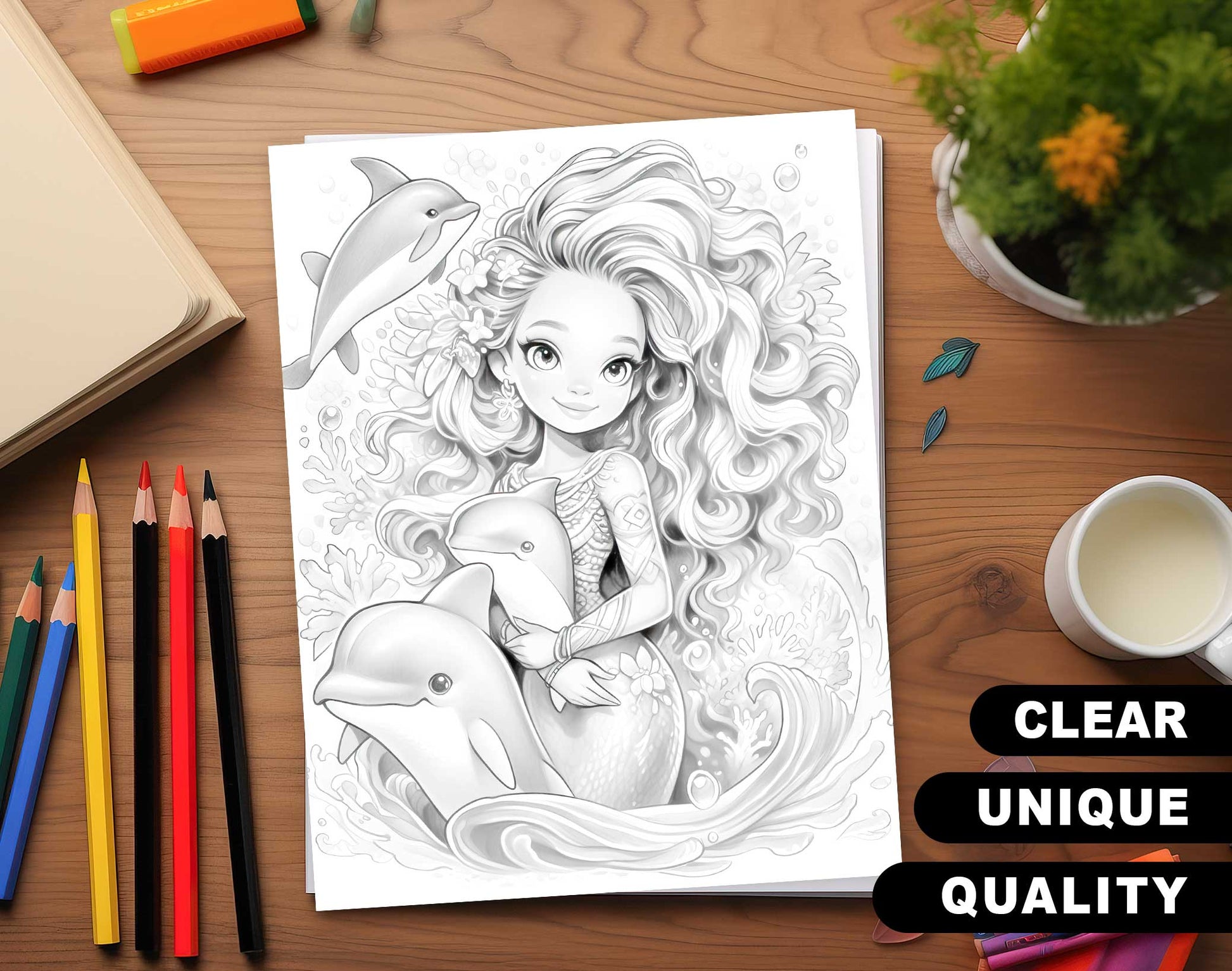 50 Kawaii Black Mermaid Grayscale Coloring Pages - Instant Download - Printable PDF Dark/Light – preview 3