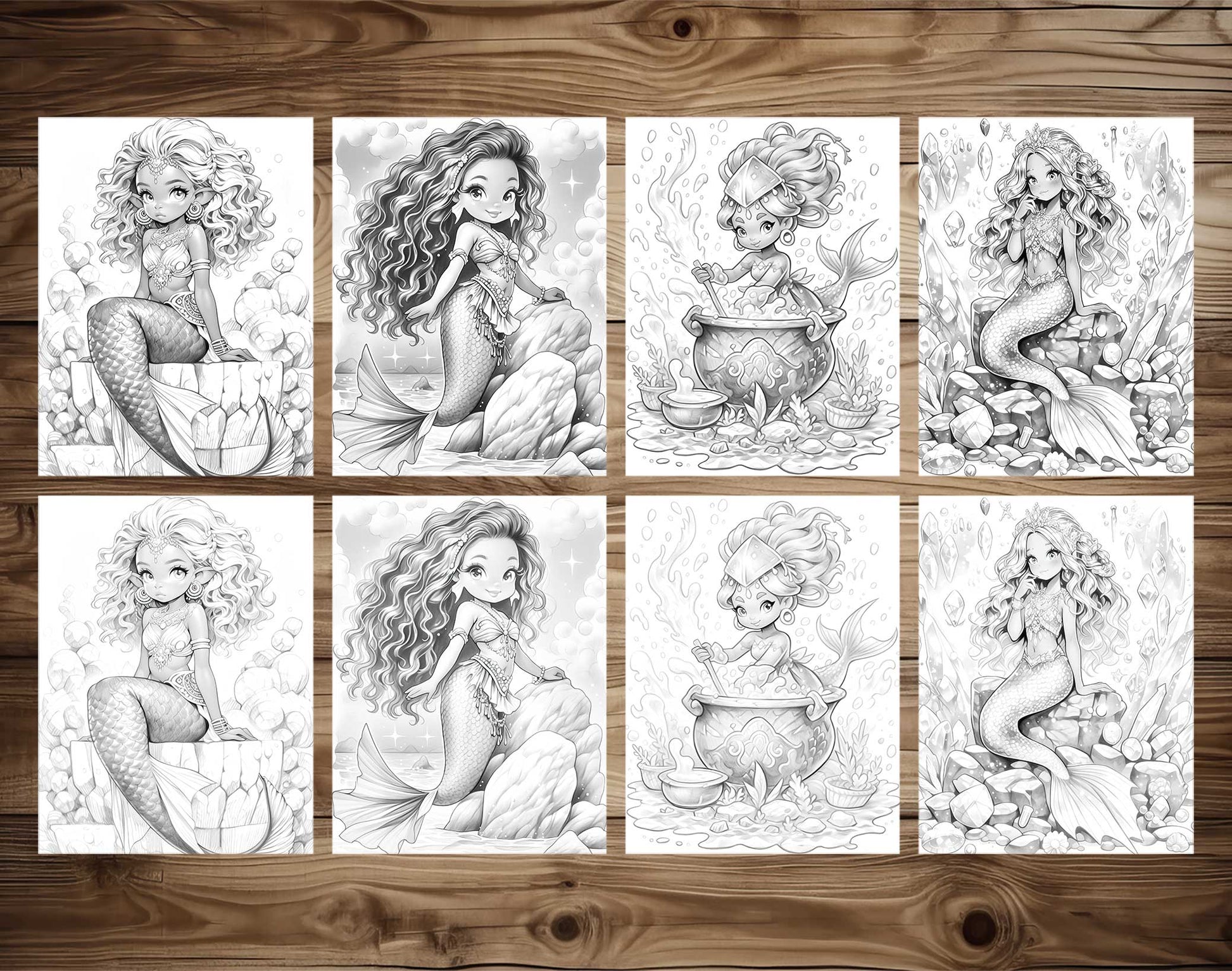 50 Kawaii Black Mermaid Grayscale Coloring Pages - Instant Download - Printable PDF Dark/Light – preview 7