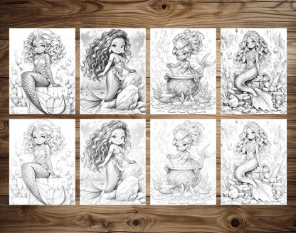 50 Kawaii Black Mermaid Grayscale Coloring Pages - Instant Download - Printable PDF Dark/Light – preview 7