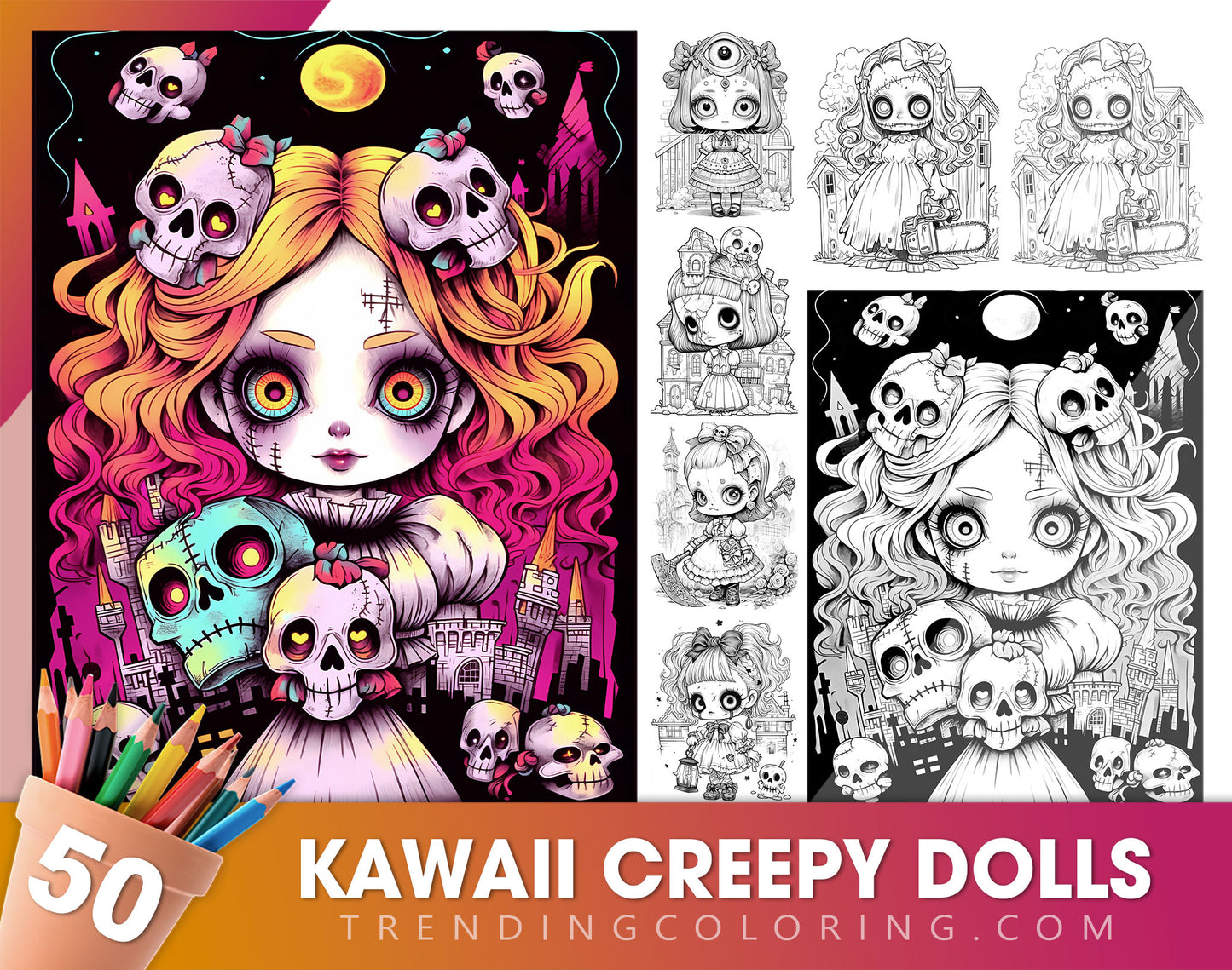 50 Kawaii Creepy Doll Grayscale Coloring Pages - Halloween Coloring - Instant Download - Printable PDF Dark/Light