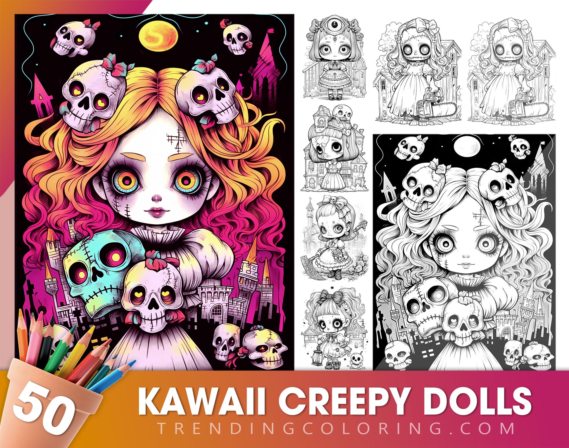 50 Kawaii Creepy Doll Grayscale Coloring Pages - Halloween Coloring - Instant Download - Printable PDF Dark/Light