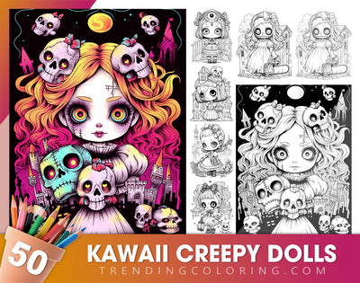 50 Kawaii Creepy Doll Graustufen Malvorlagen - Halloween Ausmalen - Sofortiger Download - Druckbares PDF Dunkel/Hell