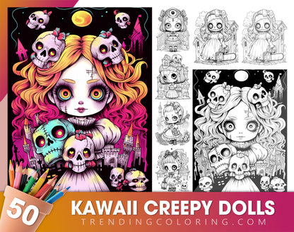 50 Kawaii Creepy Doll Grayscale Coloring Pages - Halloween Coloring - Instant Download - Printable PDF Dark/Light