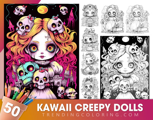50 Kawaii Creepy Doll Graustufen Malvorlagen - Halloween Ausmalen - Sofortiger Download - Druckbares PDF Dunkel/Hell