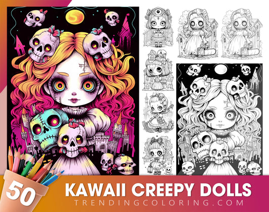 50 Kawaii Creepy Doll Grayscale Coloring Pages - Halloween Coloring - Instant Download - Printable PDF Dark/Light