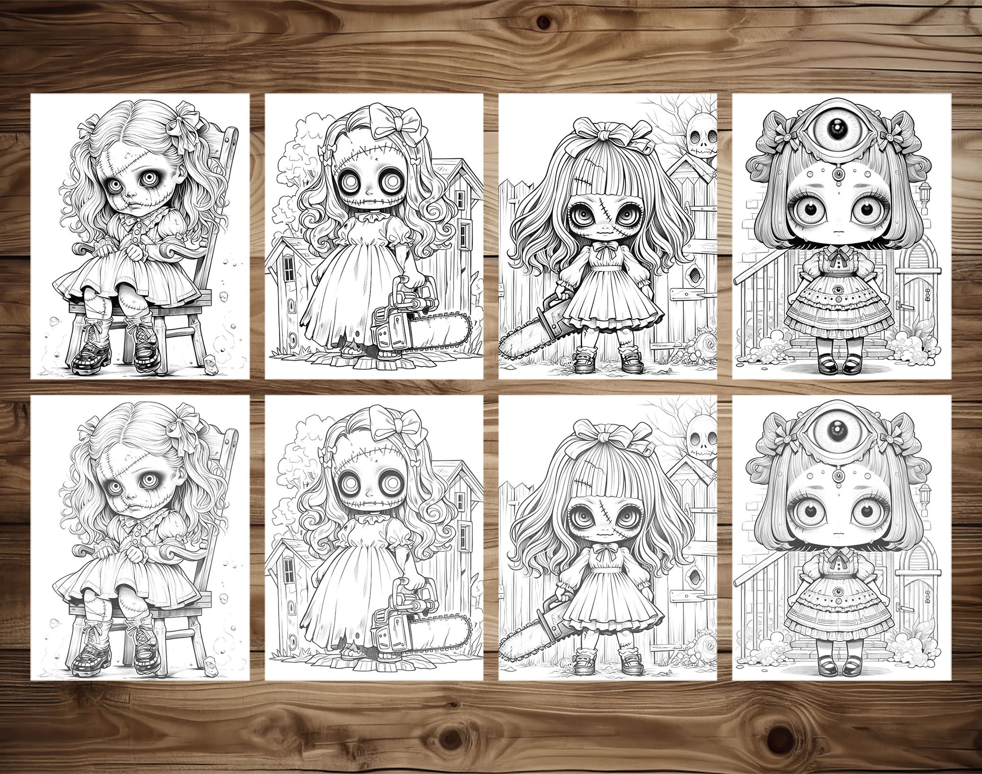 50 Kawaii Creepy Doll Grayscale Coloring Pages - Halloween Coloring - Instant Download - Printable PDF Dark/Light – preview 3