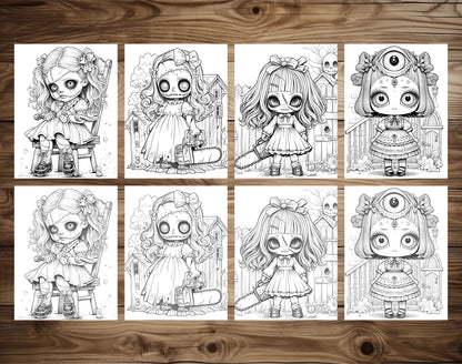50 Kawaii Creepy Doll Grayscale Coloring Pages - Halloween Coloring - Instant Download - Printable PDF Dark/Light – preview 3