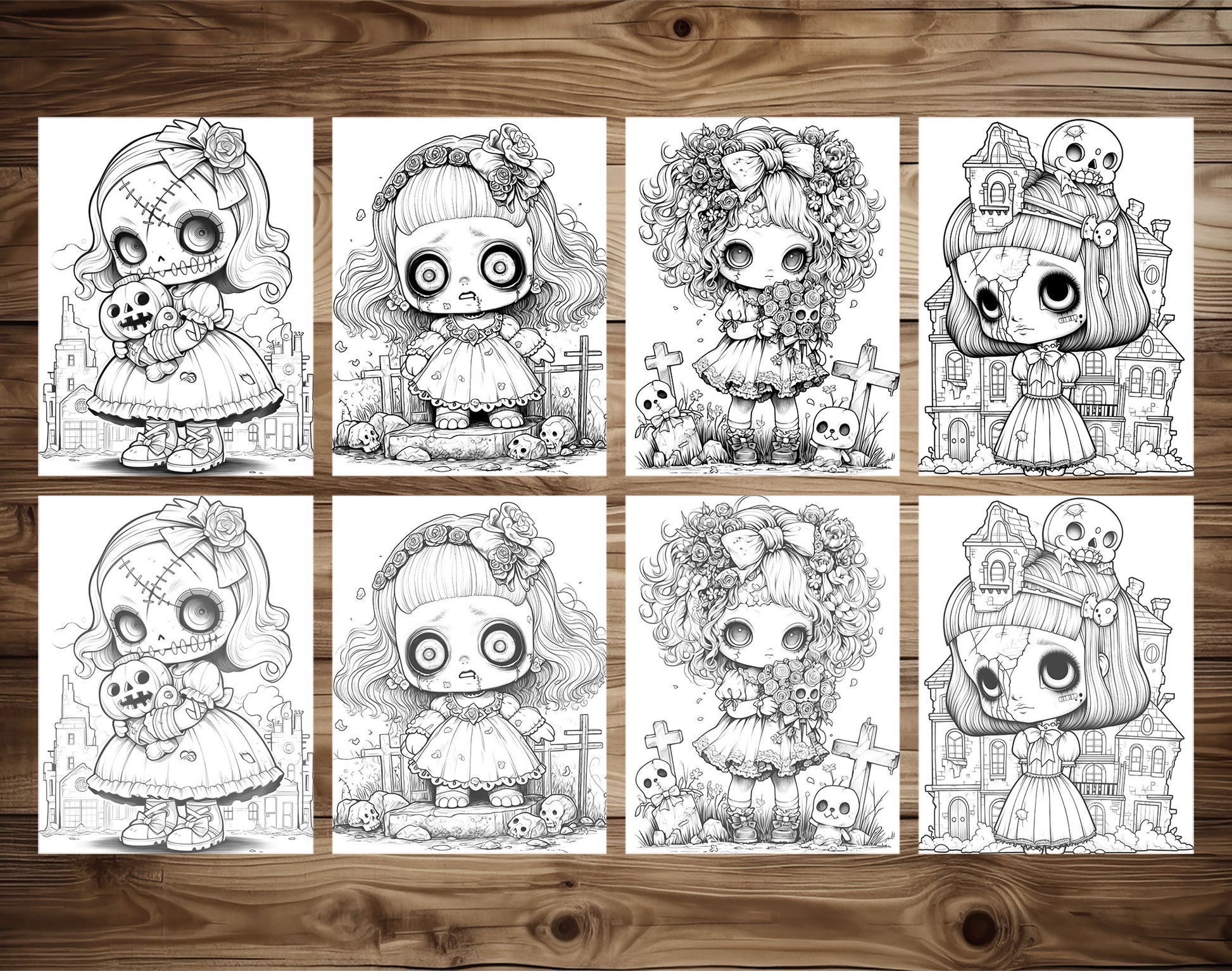 50 Kawaii Creepy Doll Grayscale Coloring Pages - Halloween Coloring - Instant Download - Printable PDF Dark/Light – preview 4