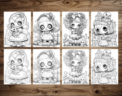 50 Kawaii Creepy Doll Grayscale Coloring Pages - Halloween Coloring - Instant Download - Printable PDF Dark/Light – preview 4