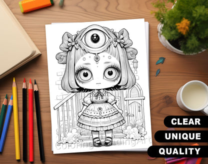 50 Kawaii Creepy Doll Grayscale Coloring Pages - Halloween Coloring - Instant Download - Printable PDF Dark/Light – preview 5