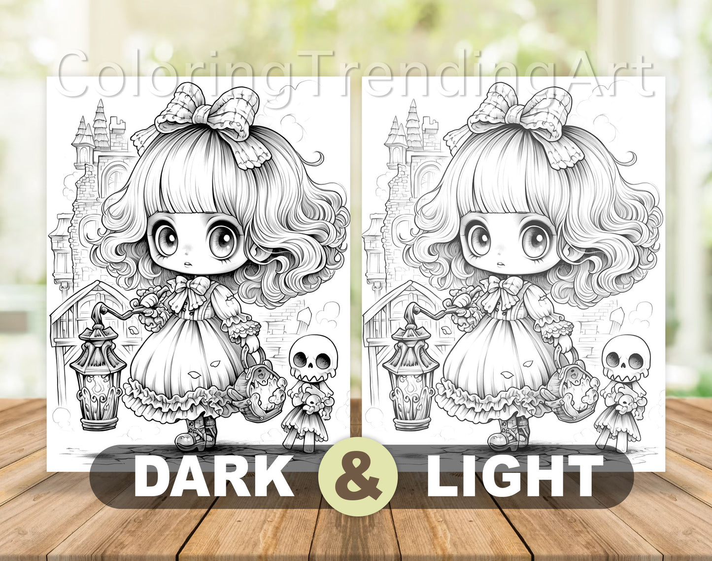 50 Kawaii Creepy Doll Grayscale Coloring Pages - Halloween Coloring - Instant Download - Printable PDF Dark/Light – preview 6
