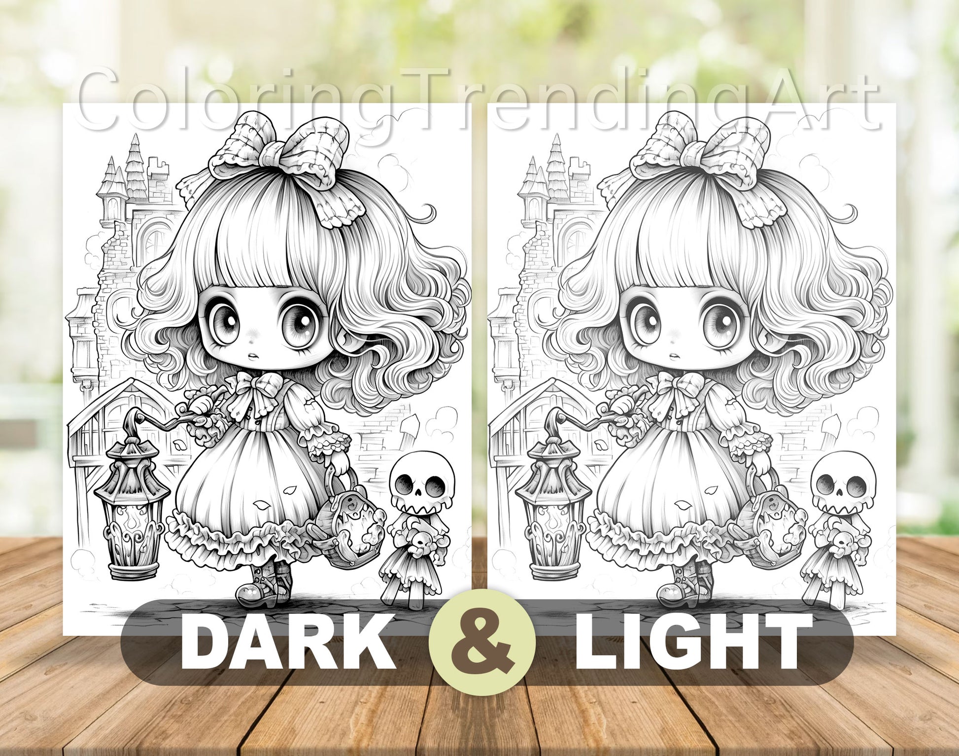50 Kawaii Creepy Doll Grayscale Coloring Pages - Halloween Coloring - Instant Download - Printable PDF Dark/Light – preview 6