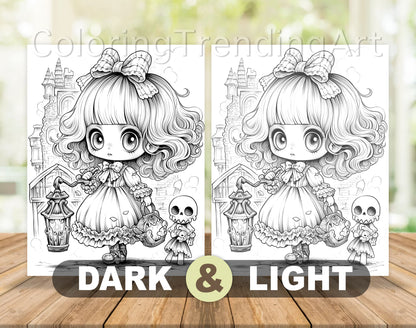 50 Kawaii Creepy Doll Grayscale Coloring Pages - Halloween Coloring - Instant Download - Printable PDF Dark/Light – preview 6