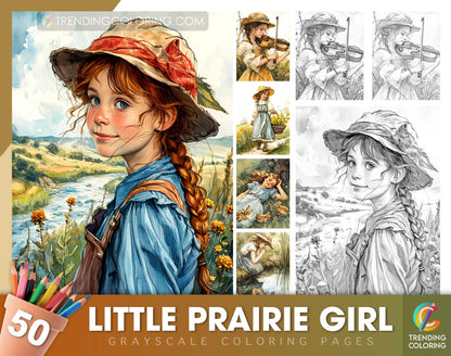 50 Little Prairie Girl Grayscale Coloring Pages - Instant Download - Printable PDF Dark/Light