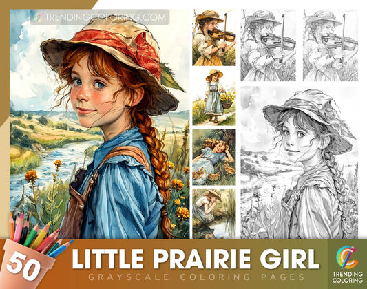 50 Little Prairie Girl Grayscale Coloring Pages - Instant Download - Printable PDF Dark/Light