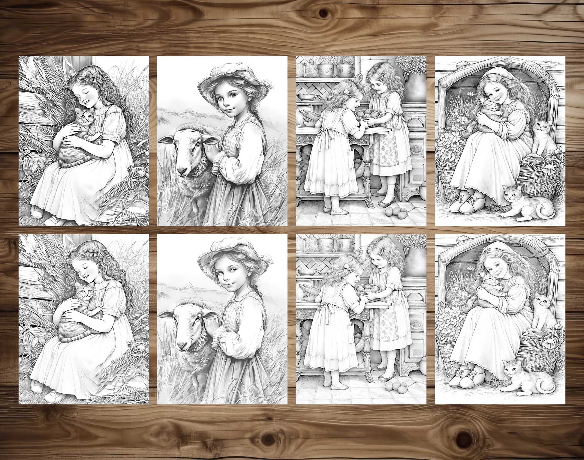 50 Little Prairie Girl Grayscale Coloring Pages - Instant Download - Printable PDF Dark/Light – preview 6