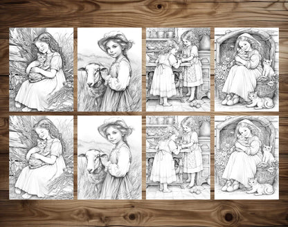 50 Little Prairie Girl Grayscale Coloring Pages - Instant Download - Printable PDF Dark/Light – preview 6