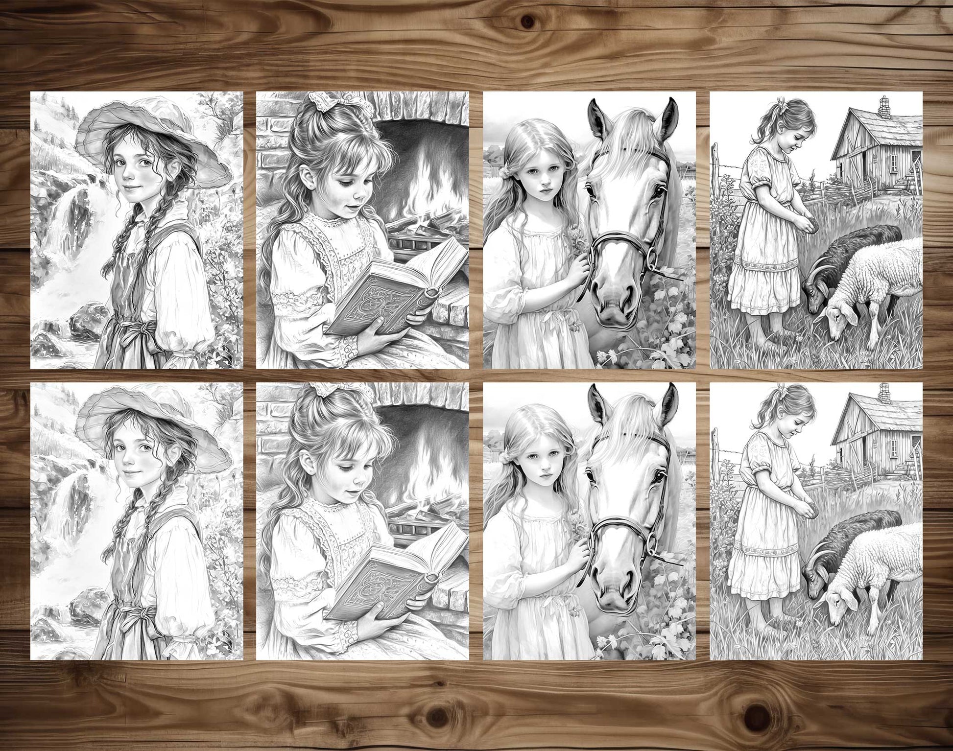 50 Little Prairie Girl Grayscale Coloring Pages - Instant Download - Printable PDF Dark/Light – preview 7