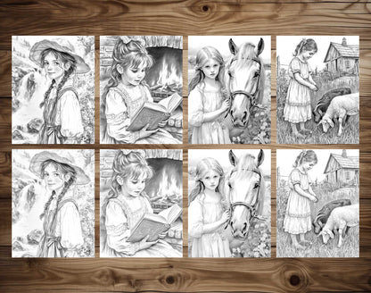 50 Little Prairie Girl Grayscale Coloring Pages - Instant Download - Printable PDF Dark/Light – preview 7