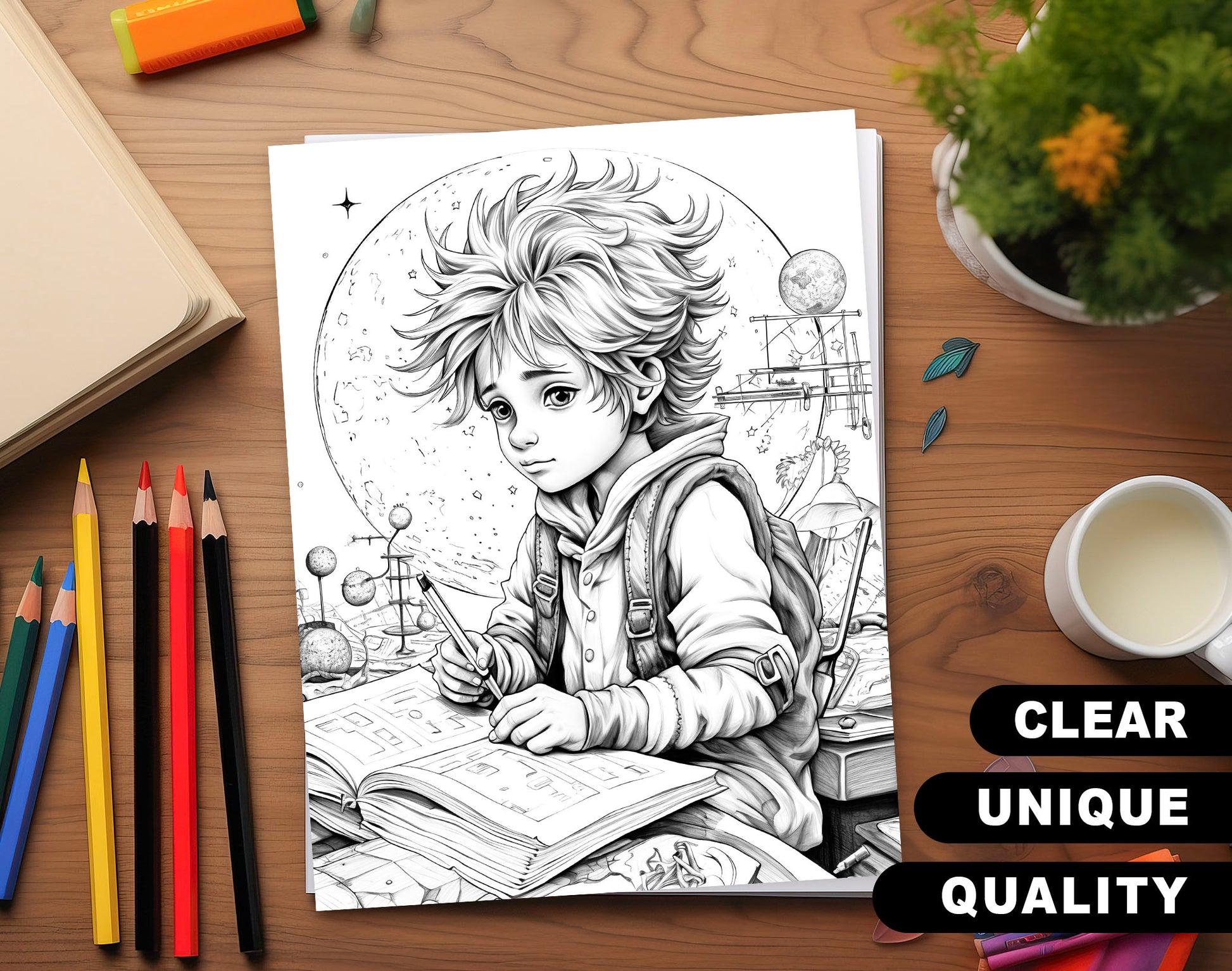 50 Little Prince's Adventure Grayscale Coloring Pages - Instant Download - Printable PDF Dark/Light – preview 3