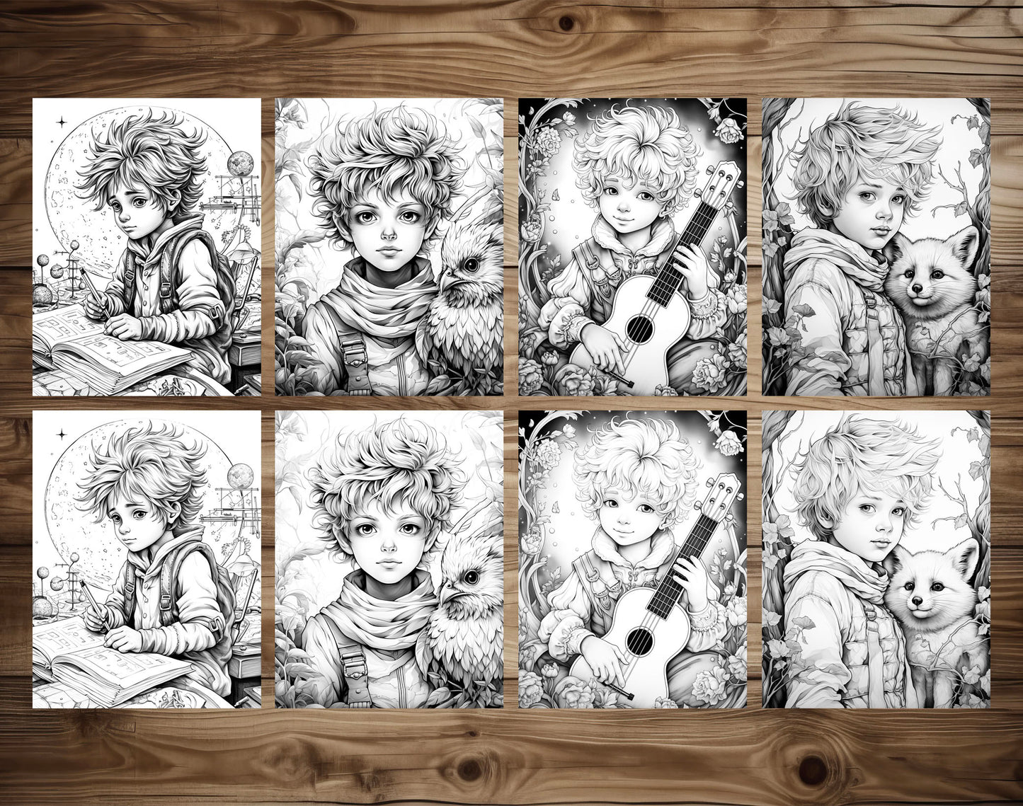 50 Little Prince's Adventure Grayscale Coloring Pages - Instant Download - Printable PDF Dark/Light – preview 5