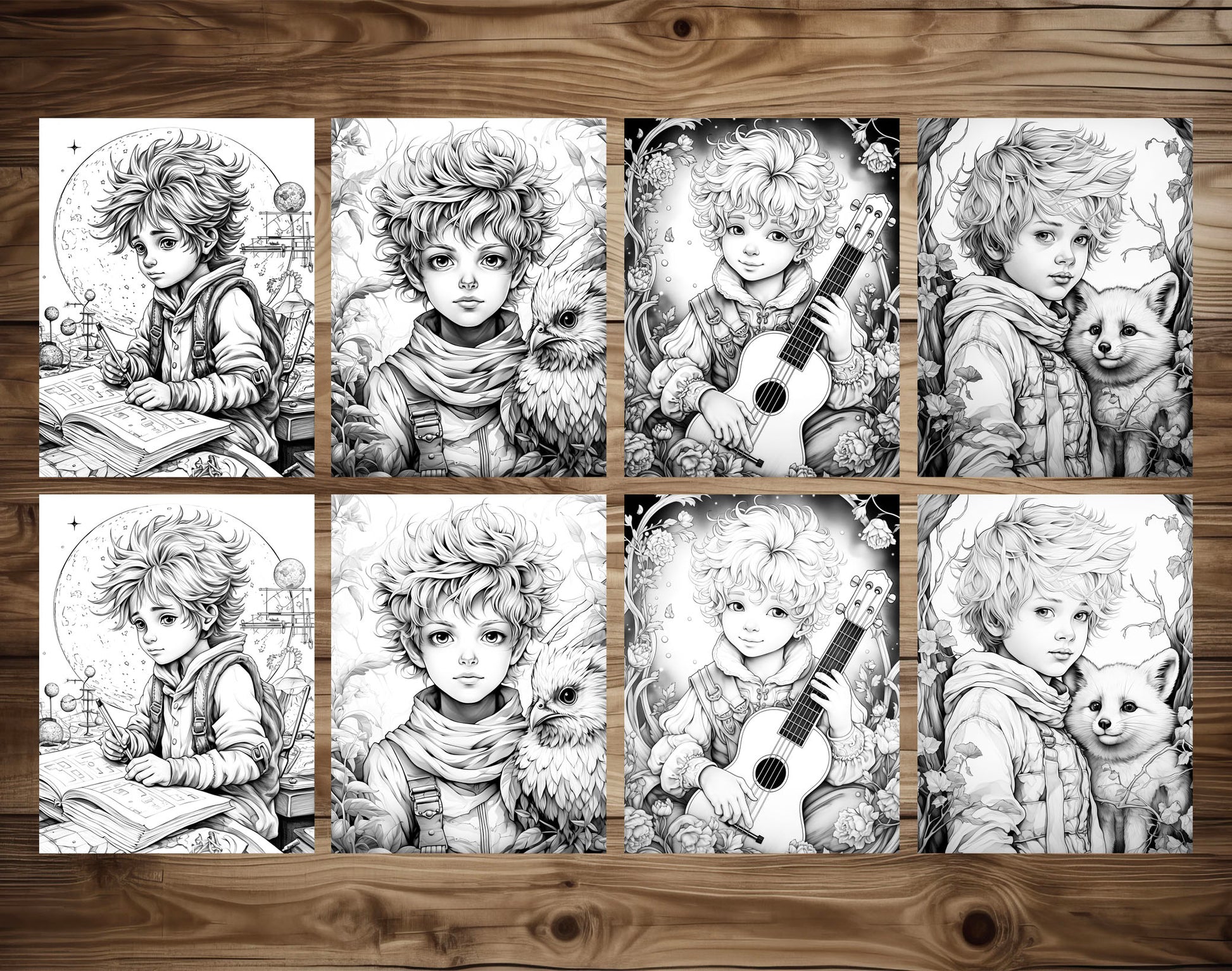 50 Little Prince's Adventure Grayscale Coloring Pages - Instant Download - Printable PDF Dark/Light – preview 5