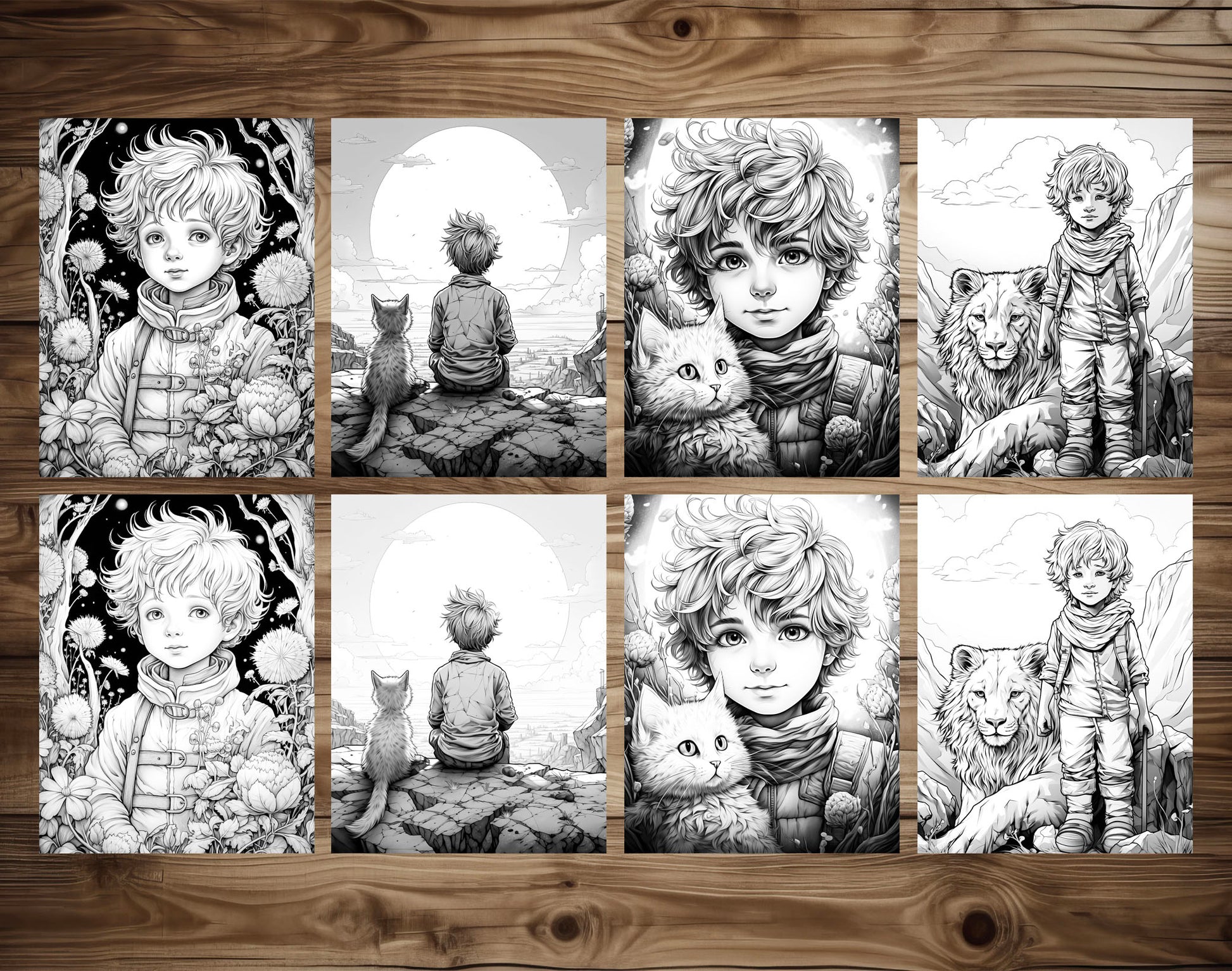 50 Little Prince's Adventure Grayscale Coloring Pages - Instant Download - Printable PDF Dark/Light – preview 6