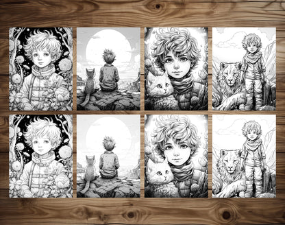 50 Little Prince's Adventure Grayscale Coloring Pages - Instant Download - Printable PDF Dark/Light – preview 6