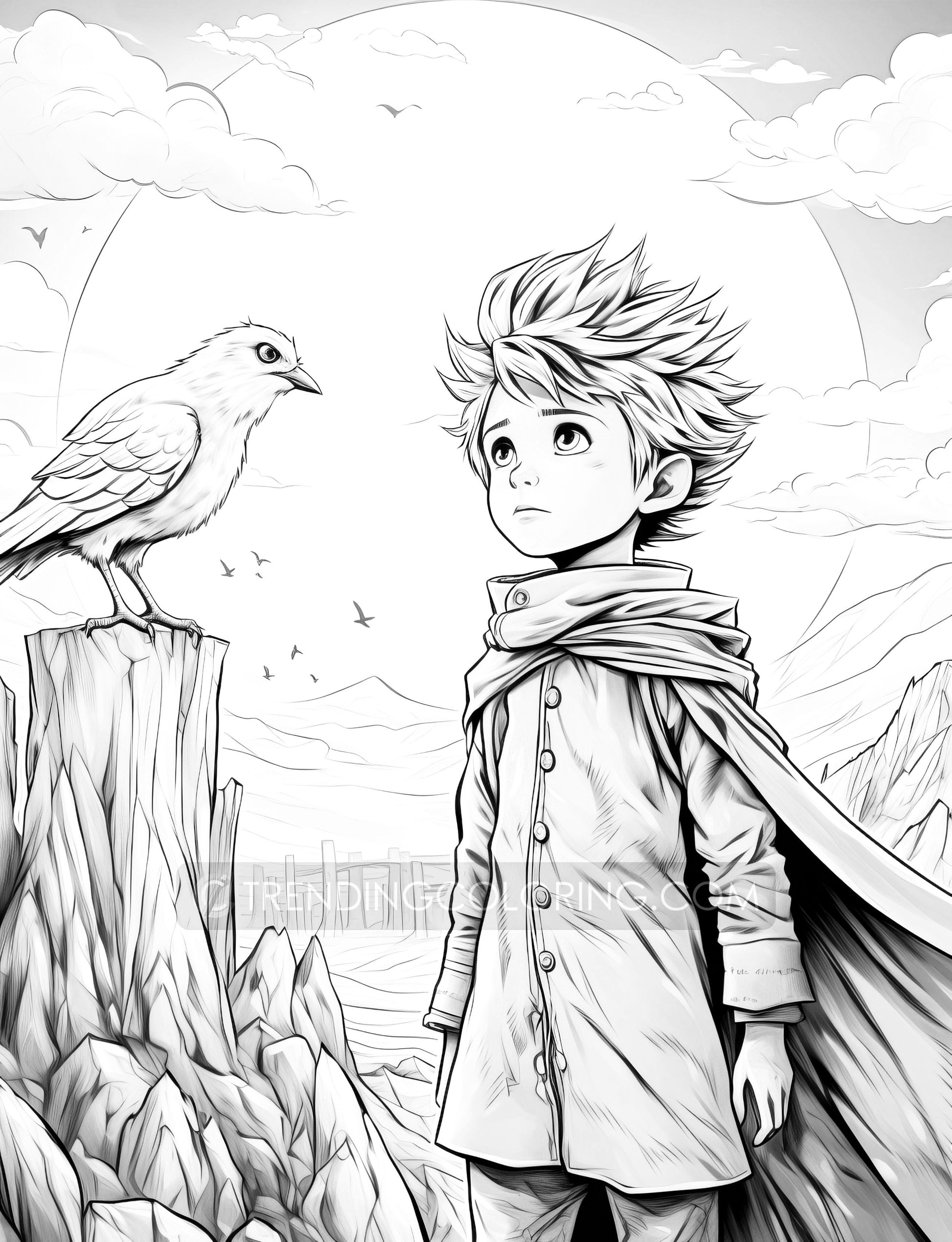 50 Little Prince's Adventure Grayscale Coloring Pages - Instant Download - Printable PDF Dark/Light – preview 8